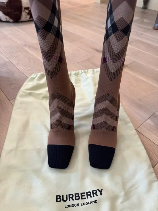 Burberry Tan and Black Check Stretch Sock Booties - Picture 8 of 10